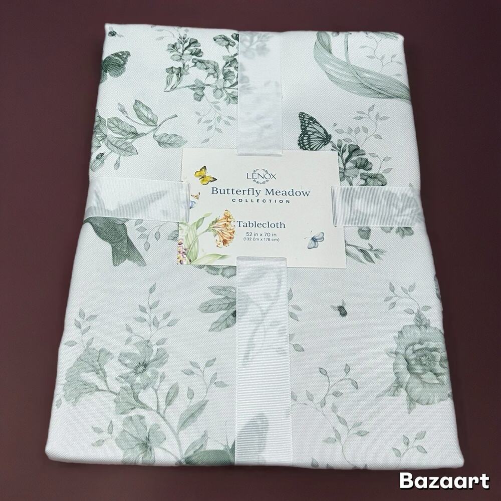 LENOX BUTTERFLY MEADOW TOILE GREEN & WHITE TABLECLOTH 52 x 70 RECTANGULAR NEW